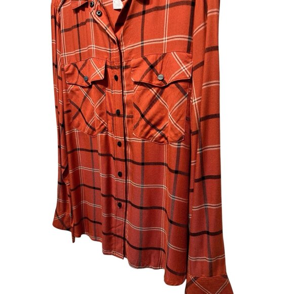 Sanctuary Women Large Plaid Orange Pocket Boyfriend Shirt Top Button NWT - Picture 4 of 10
